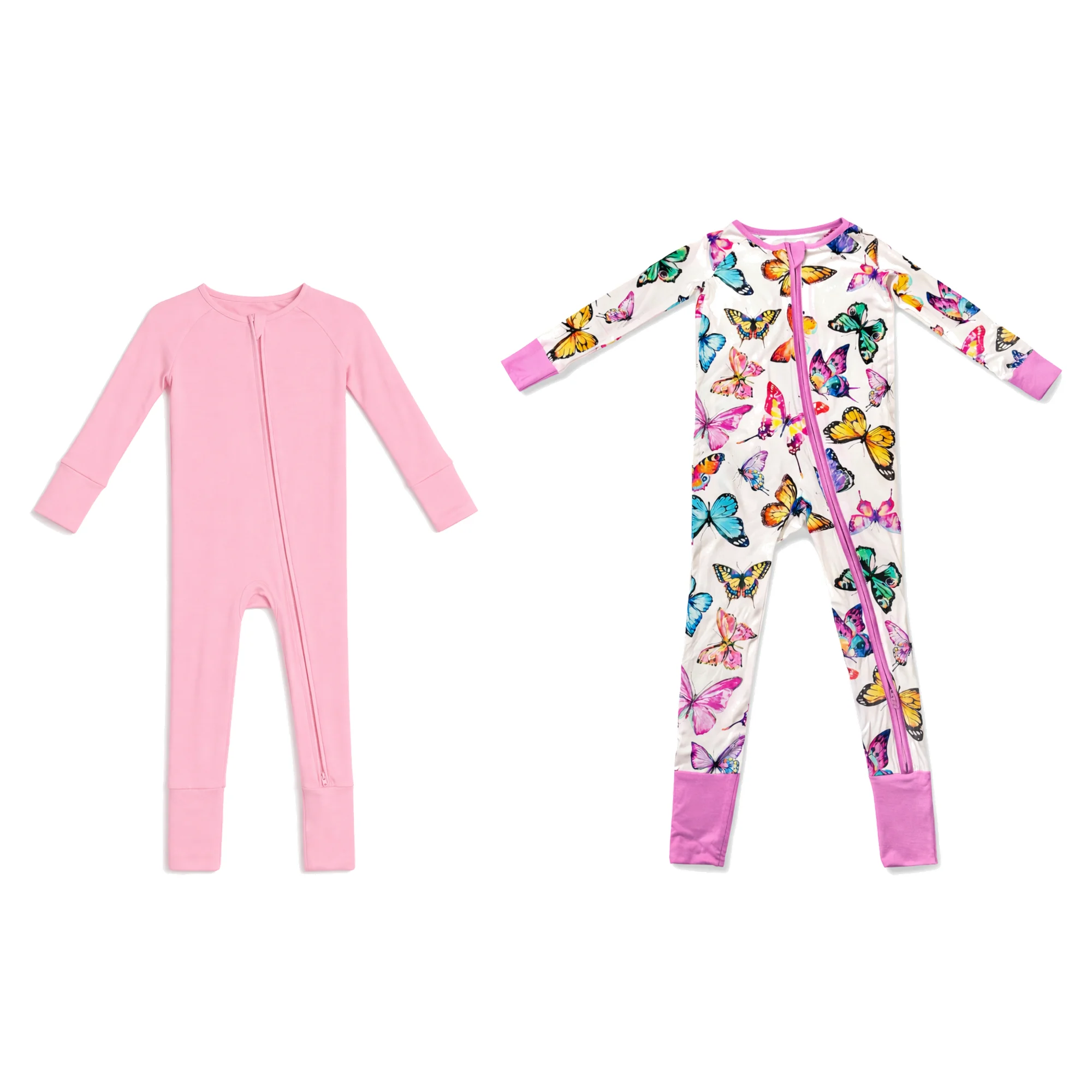 Two Liyah Loom footie pajamas — Blush Embrace soft pink and Butterfly Bloom pink butterfly print