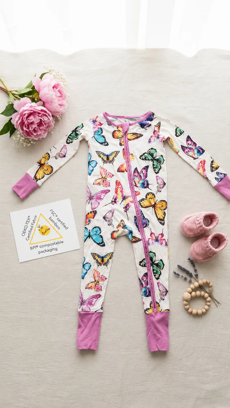 Butterfly Bloom footie pajamas flat lay