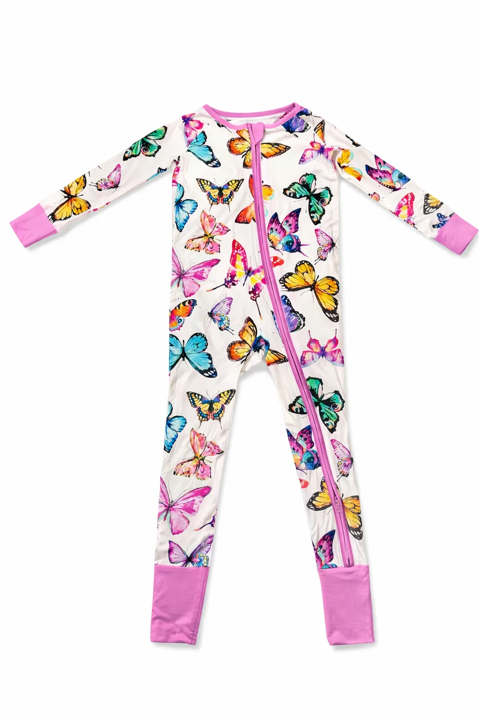 Liyah Loom Butterfly Bloom viscose from bamboo baby footie pajamas in pink butterfly print