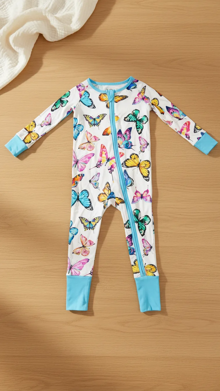Butterfly Soar footie pajamas flat lay