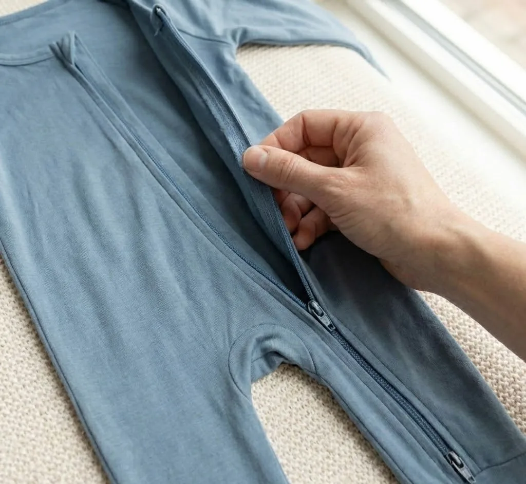 A smooth 2-way zipper with a soft zipper garage opens bottom-up for fast night changes.